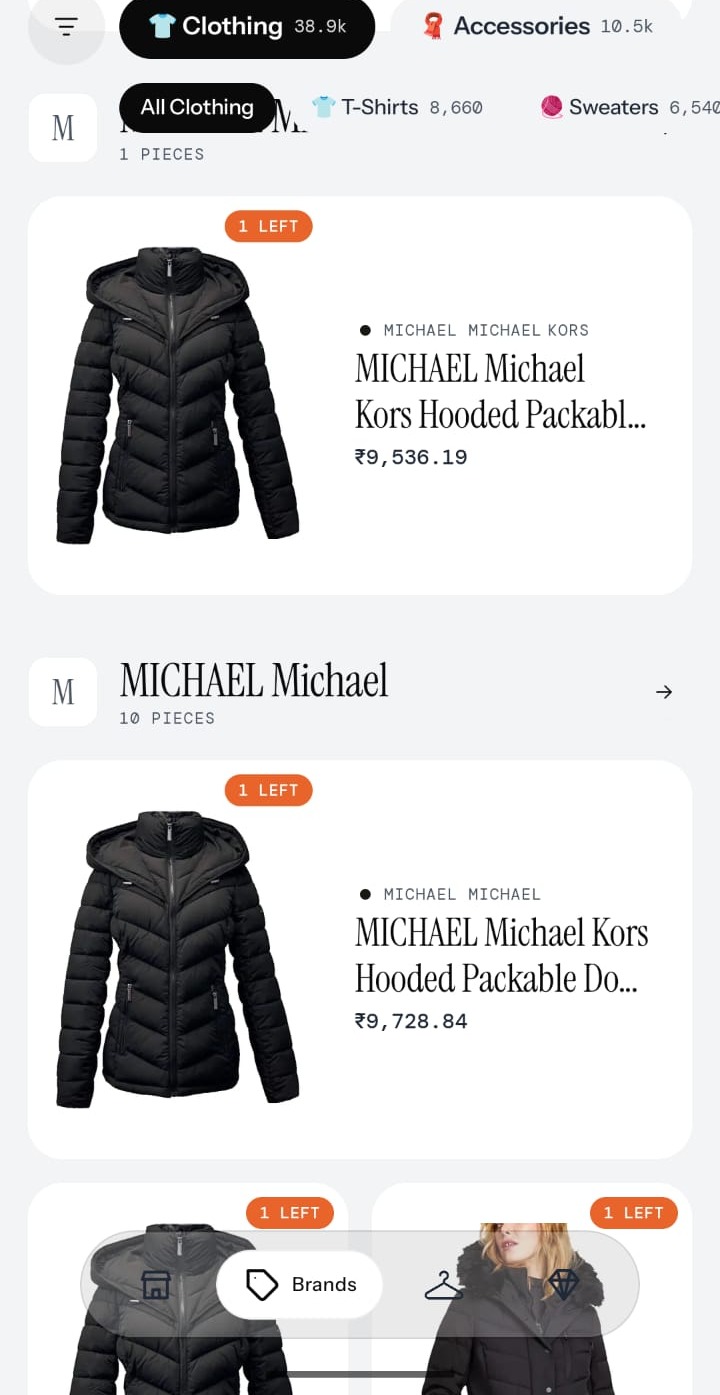 The Cheeky Brands screen: Michael Kors packable down jackets, each marked 1 left.