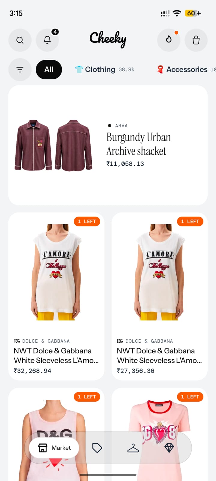 The Cheeky Market screen: a burgundy Arva shacket above Dolce & Gabbana pieces marked 1 left.