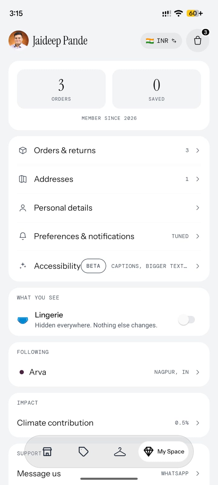 The Cheeky My Space screen: orders, saved pieces, addresses, preferences and climate contribution.